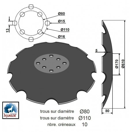 DISQUE CRENELE TYPE AGRISEM Ø610x5 , 8 TR. EA 80 + EA 110 / NIAUX