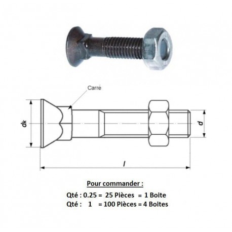 BOULON Tête Fraisée Collet Carré 12X40 10.9 ( prix aux 100 pièces )